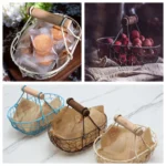 Wooden Handle Metal Retro Basket Portable Bread Vegetable Fruit Egg Serving Storage Basket with Handle Tray for Kitchen