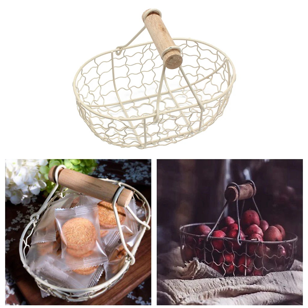 Wooden Handle Metal Retro Basket Portable Vegetable Fruit Egg Storage Basket