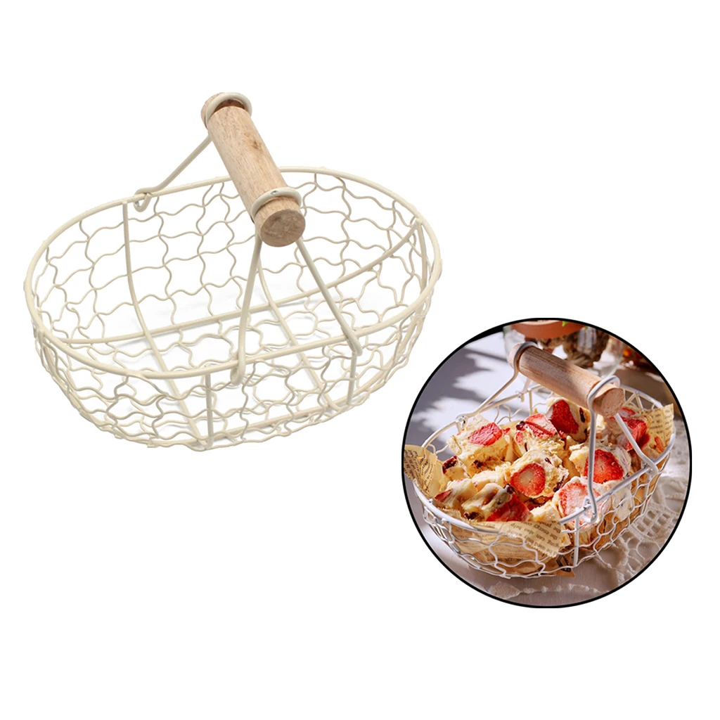 Wooden Handle Metal Retro Basket Portable Vegetable Fruit Egg Storage Basket