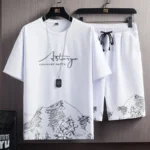 Men's Fashionable Summer T-shirt Suit New Style Snow Mountain Printing Slim Fit Korean Version Smooths Silhouette Sports Set