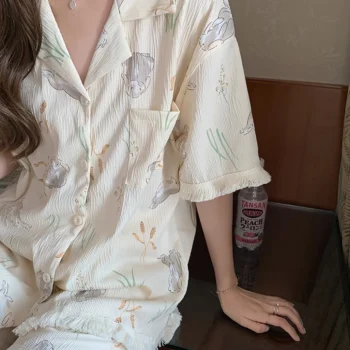 Women's Cute Bunny Print Textured Tassel Trim Pajama Set, Short Sleeve Buttons Lapel Top & Shorts, Comfortable Relaxed Fit