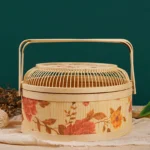 Handmade Woven Basket With Hollow Cover, 26x26x10cm Kitchen Bamboo Woven Tote Basket For New Year And Spring Festival