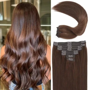 Clip in Hair Extensions Real Human Hair color #4 Chocolate Brown Clip in Hair Extensions 8pcs Hair Extensions for Women