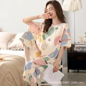 Summer New Women's Pajama Set Short Sleeves Loose-fit Sweet Home Factory Wholesale Sleepwear Seven-a-half Length Trousers