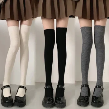 Autumn Winter Women's Stockings Girls Black White JK Lolita Long Tight Socks Vertical Stripes Cotton Over Knee Thigh High Socks