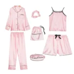 Pink 7 Pieces Women's Satin Pajamas Sets Striped Pyjama Women Sleepwear Spring Summer Fashion Homewear Faux Silk Nightwear