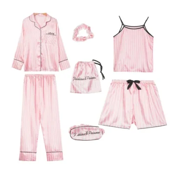 Pink 7 Pieces Women's Satin Pajamas Sets Striped Pyjama Women Sleepwear Spring Summer Fashion Homewear Faux Silk Nightwear