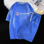 2024 New Summer Brand Men's Suit Fashion Brand Casual Sports Set Round Neck Loose Short Sleeved Shorts Waffle Two Piece Set