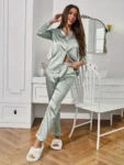 kf-Sa1798bdcd34f49e8914e0063a52ac7a9w-Solid-Pajama-Set-Long-Sleeve-Button-Up-Lapel-Top-Pants-Pj-Set-Women-s-Sleepwear-Loungewear