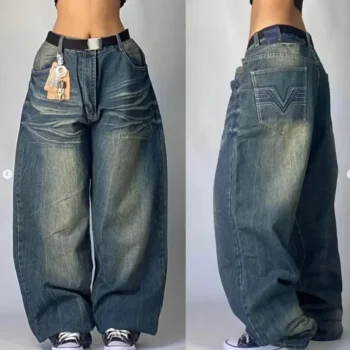 2024 New American hip-hop Vintage baggy jeans women's Harajuku high waist Y2K wide-leg pants Gothic wide pants Streetwear pants
