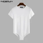 INCERUN 2024 Men Bodysuit Solid Color Pajamas Sexy Short Sleeve O-neck Rompers Underwear Summer Fitness Cozy Men Bodysuits S-5XL