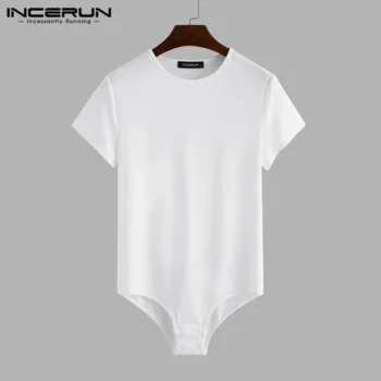 INCERUN 2024 Men Bodysuit Solid Color Pajamas Sexy Short Sleeve O-neck Rompers Underwear Summer Fitness Cozy Men Bodysuits S-5XL