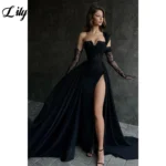 فساتين سهرة حورية البحر من الدانتيل للنساء ، فساتين حفلة موسيقية سوداء بكتف واحد ، انقسام جانبي ، فستان حورية البحر للبقع