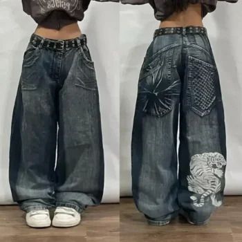 Y2K Japanese Harajuku Tiger Embroidery Loose High Waist Jeans Women Hip Hop Rock Punk Gothic Wide Pants Street Wear 2024 New