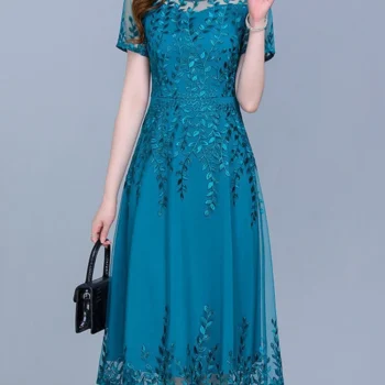 فستان أزرق غير رسمي من الشيفون الشبكي كوري طويل صيفي للنساء 2023 جديد تونيك ميدي موضة أنيقة للحفلات الراقصة فساتين سهرة قصيرة الأكمام