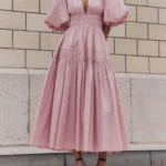 فستان طويل أنيق عالي الخصر أحادي اللون ، كم منفوخ ، رقبة حرف V عميقة ، فساتين ضيقة مرقعة ، فستان حفلات مسائية للسيدات ، موضة صيفية