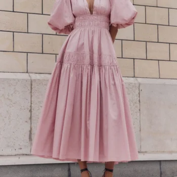 فستان طويل أنيق عالي الخصر أحادي اللون ، كم منفوخ ، رقبة حرف V عميقة ، فساتين ضيقة مرقعة ، فستان حفلات مسائية للسيدات ، موضة صيفية