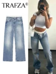 TRAFZA Women Fashion Patchwork Denim Pants Lace Up Zipper Fly Jeans Trousers Pockets Female Casual Mid Waist Straight Leg Pants