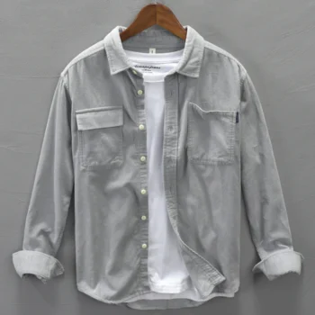 Men's Corduroy Shirts Jackets Casual Cargo Shirt Long Sleeve Lapel Collar Baggy Fit Shirt Coats Tops Men Clothing