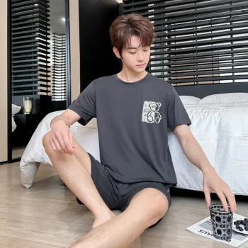 Summer Thin Short Sleeve Round Neck Casual Suit For Teenage Men Homewear Pajama Set Outerwear Sleepwear