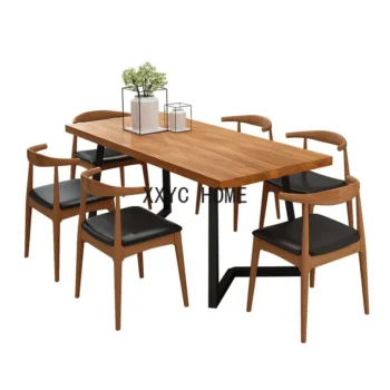 Solid Wood Dining Table Iron Dining Room/Living Room Snack Restaurant Table and Chair Combination Family Dining Table