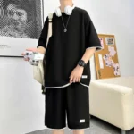 Men's new waffle summer suit 2024 casual T-shirt shorts suit men's sports suit solid color casual suit loose short-sleeved suit