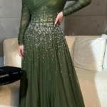فساتين سهرة نسائية أنيقة خضراء ، أكمام طويلة ، فساتين حفلات موسيقية ، مطرزة بالترتر ، طول أرضية من التول ، فساتين حفلات رسمية