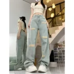 2024 New Women's Jeans Embroidered Letter Straight-leg Petite High-waisted Slimming Casual Long Pants Spring Summer