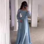 فستان سهرة نسائي من الساتان الشيفون ، ياقة مربعة ، كم واسع ، فساتين نسائية مطوية ، سيدة أنيقة ، ملابس الشارع Y2K ، حزام ،