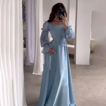 فستان سهرة نسائي من الساتان الشيفون ، ياقة مربعة ، كم واسع ، فساتين نسائية مطوية ، سيدة أنيقة ، ملابس الشارع Y2K ، حزام ،