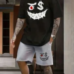 Men's Sports Fitness Suit Printed 3D Evil Face Pattern Oversized Loose Men's Top Y2K Style Suit Summer Casual Breathable Suit