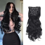 Synthetic Extensions Hairpieces Wavy Curly 22inch Clip in 6pcs Dark Brown Natural and Soft Thick Double Women Lady Daily Party