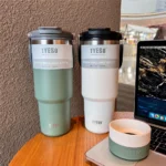 Tyeso 1200ml 40oz Tumbler With Handle and Silicone Coaster Coffee Cup Stainless Steel Vacuum Thermal Insulated Mug Cold Storage
