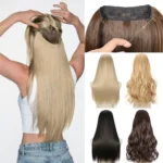 kf-S1ac12d6eb4b14d968e144f632175437fM-No-Clips-Natural-Hair-Extension-Synthatic-Artificial-Long-Straight-Hairpiece-Blonde-Black-Mixed-Color-False-Hair