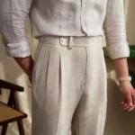 Seersucker Naples Suit Trousers Mens British Stylish High-waisted Belt Design Straight Pants Summer Slim Business Casual Pants