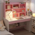 Simple Wooden Computer Desks Pink Bookshelf and Bookcase Integrated Study Desk with Storage Gaming Table Nordic Office Furniture