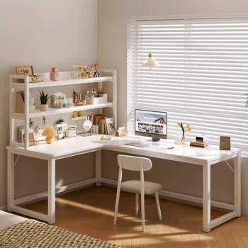 Modern Corner Computer Desks Home Double Desktop Gaming Esports Table Bedroom Simple Cream Style Study Desks with Bookshelf T
