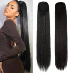 36 inches Black Natural long straight Drawstring Ponytail - Women's Easy-Attach Synthetic Extension for Voluminous Look