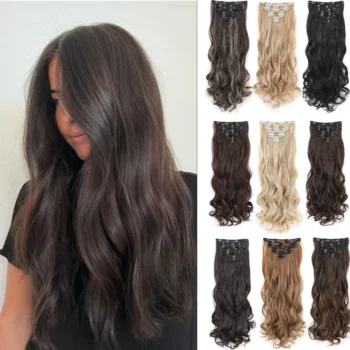 22Inch Long Body Wave Clip in Hair Extension Hairstyle 16 Clips 7Pcs/Set Synthetic Black Brown Hairpieces For Women