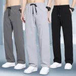 Summer Men's Ice Silk Breathable Casual Pants Solid Color Thin Casual Trousers Fashion Elastic Waist Drawstring Straight Pants