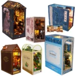 DIY Book Nook Miniatures House Kit Insert Dollhouse Model Roombox Building Kit Wooden Bookshelf Toys Bookend for Xmas Gifts