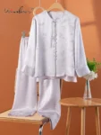 Winsleter,Women Long Sleeve Pants,Comfortable Chinese Jacquard Homewear,100%Real Silk Pajama Set,2024 Summer Fall S45073QC