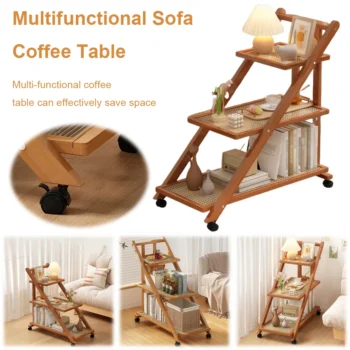 Mobile Snack Side End Table with 3-Tier Storage Shelves Sofa End Table with Rolling Casters Modern Nightstand with Caster Wheels