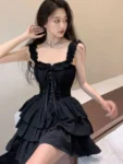 Jmprs Sexy Slip Lolita Style Black Dress Women Vintage Sleeveless Y2K Mini Dress Summer Slim Sweet Korean Lace Up Cake Dress New