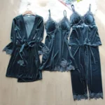 kf-S1389654ac79045d69e796c9186c964f8i-Autumn-Winter-Velvet-Pajamas-Four-Piece-Set-Women-Sleepwear-Sexy-Lace-Trim-Bathrobe-Nightgown-Loose-Velour