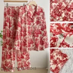 Women's Long Sleeve Pajamas Two Piece Set Sexy Red Flower Satin Sleepwear Trouser Suits Spring Autumn Casual Homewear Loungewear