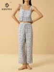 BirdTree, 16MM 100%Mulberry Silk Pajamas Set, Women Sling Top Pants, Sweet Printed Ruffled Homewear, 2024 Summer Fall S47445QC