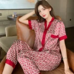 Letter Print Luxury Silk Pajamas Set Women Summer V Neck Silk Sleepwear for Woman with Pants Home Suit 5XL Large Size Nightwear