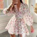 Women's Elegant Midi Vacation 2024 Summer Women's New Style Temperament Sweet Fashion Print V-neck Lace Edge Short Dress