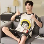 Summer Shorts Pajamas Set for Men Cartoon Anime Nightwear Hat Print Pyjama Casual Home Clothes Japan Style Lougewear Tops